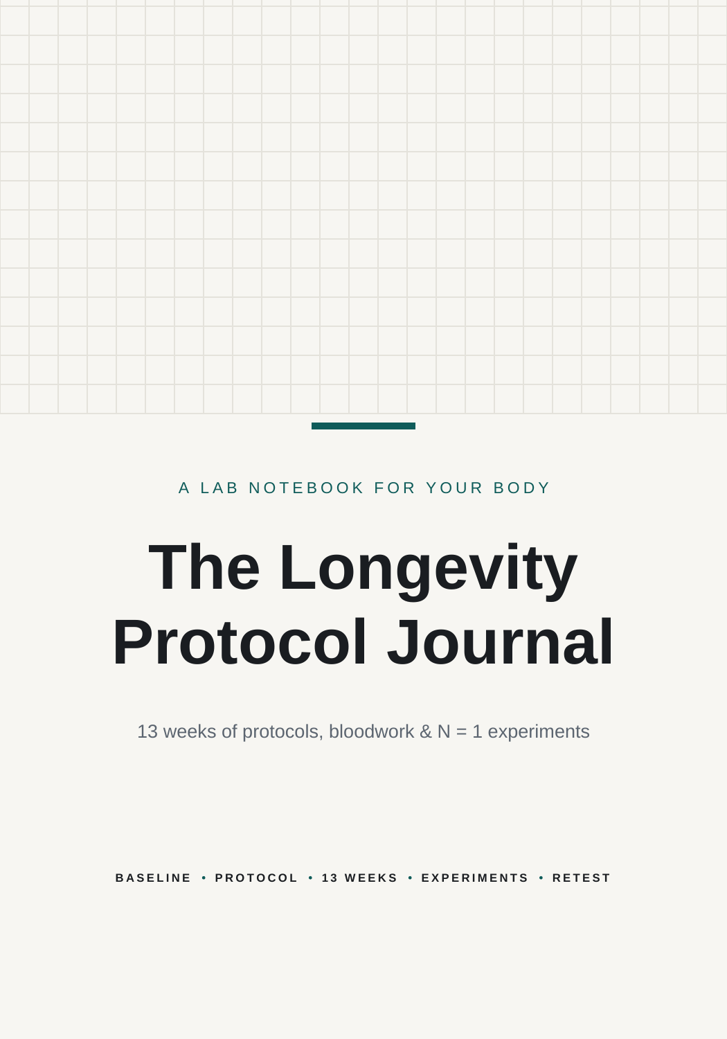 Front cover of The Longevity Protocol Journal: a clinical lab-notebook design with a teal accent bar