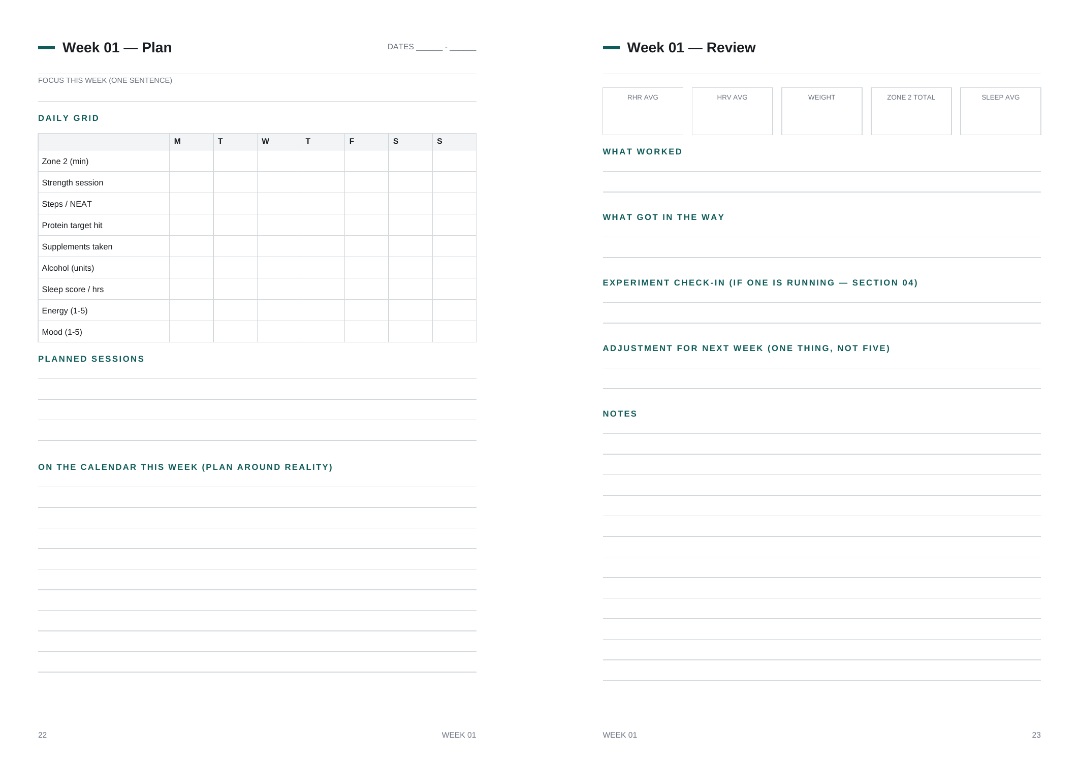 A weekly spread: the plan page with a nine-row daily grid on the left, the review page with five metric boxes on the right
